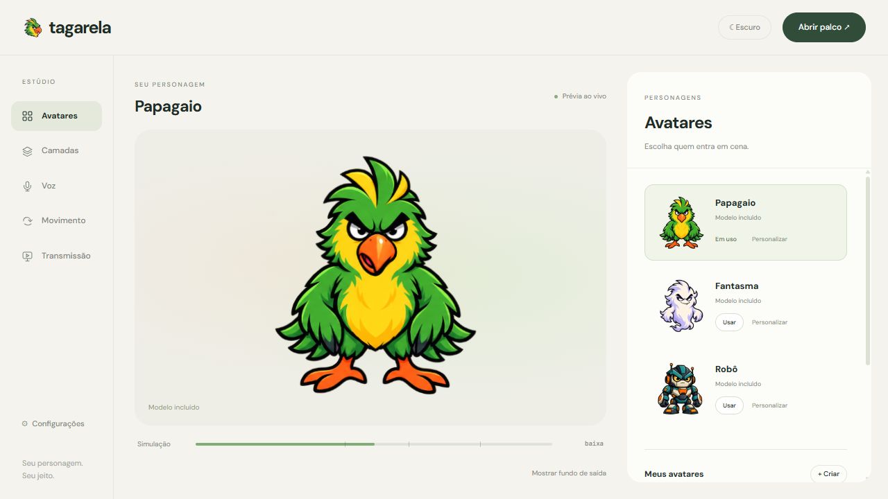 Painel atual do Tagarela, com configurações de áudio e avatar